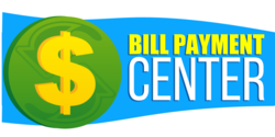 Green and Yellowy Dollar Coin Over Blue Wave Bill Payment Center Banner