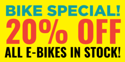 Thiel Red and Black On Yellow % Off All E-Bikes Banner