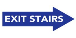 Bold Blue Arrow Pointing Right With White Exit Stairs Banner