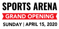 Grand Opening Arena Announcement Banner Black Text and Red Inverse Text On White Design